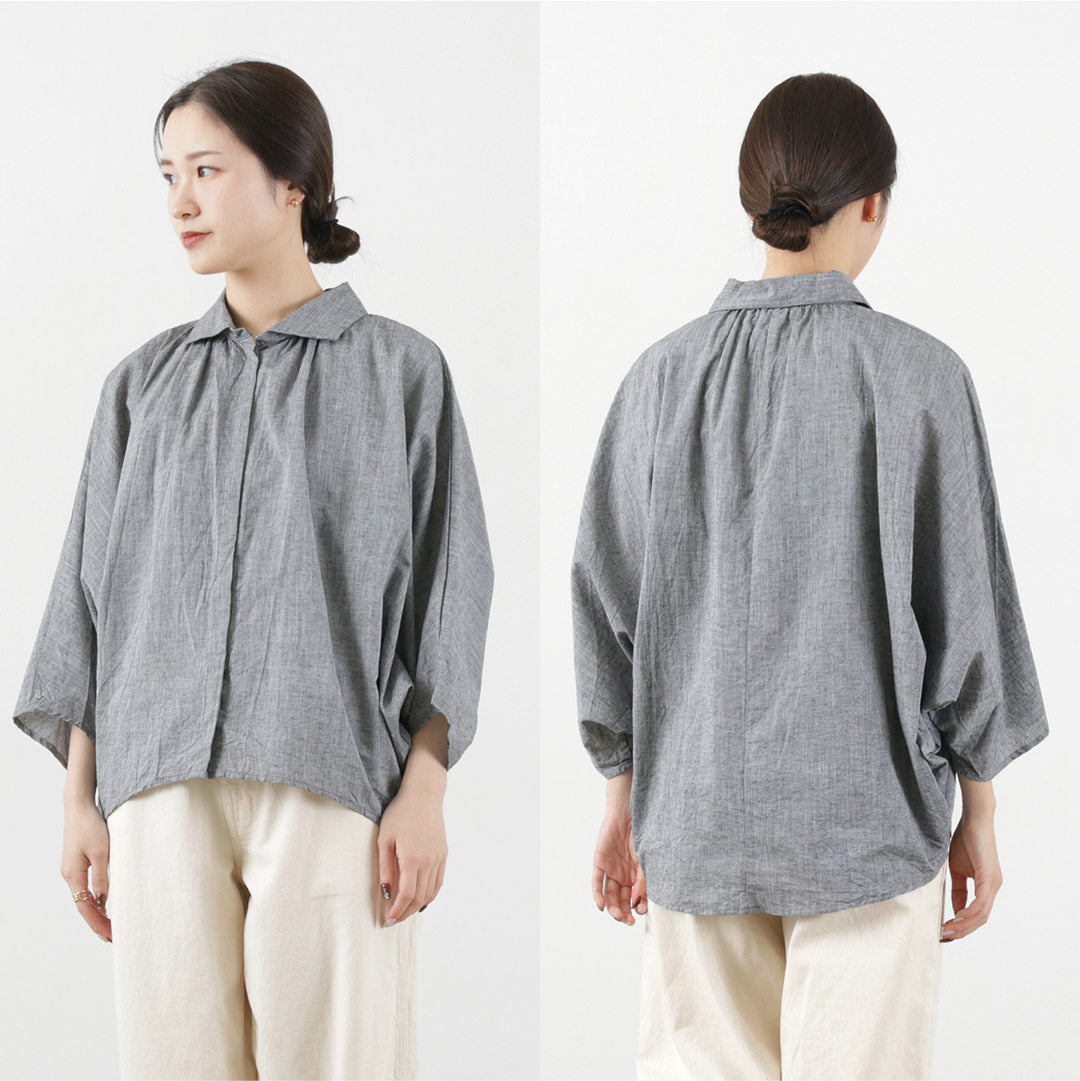 【30％OFF】mizuiro ind（ミズイロインド） ギャザー ドルマンシャツ / レディース トップス ブラウス 綿 リネン 日本製 Gathered Dolman Shirt【セール】