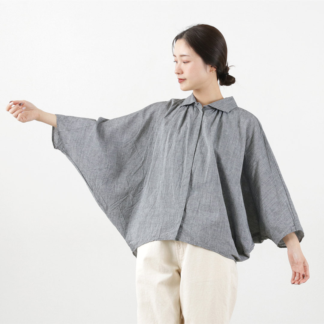 【30％OFF】mizuiro ind（ミズイロインド） ギャザー ドルマンシャツ / レディース トップス ブラウス 綿 リネン 日本製 Gathered Dolman Shirt【セール】