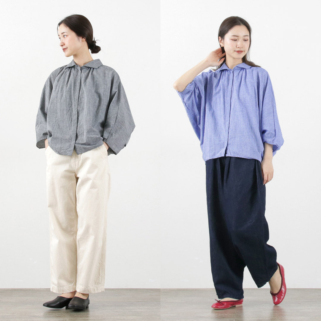 【30％OFF】mizuiro ind（ミズイロインド） ギャザー ドルマンシャツ / レディース トップス ブラウス 綿 リネン 日本製 Gathered Dolman Shirt【セール】