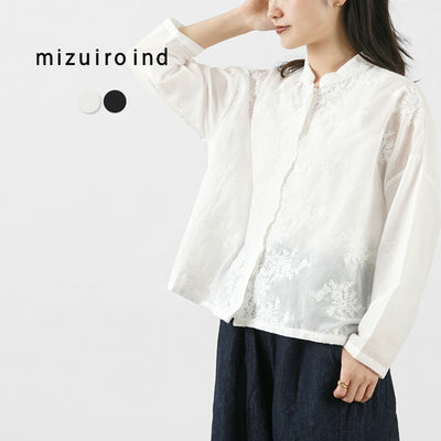 mizuiro ind（ミズイロインド） レース スタンドカラー ワイドシャツ / ブラウス ドロップショルダー ショート丈 透け感 シアー 綿 コットン Lace Stand Collar Wide Shirt