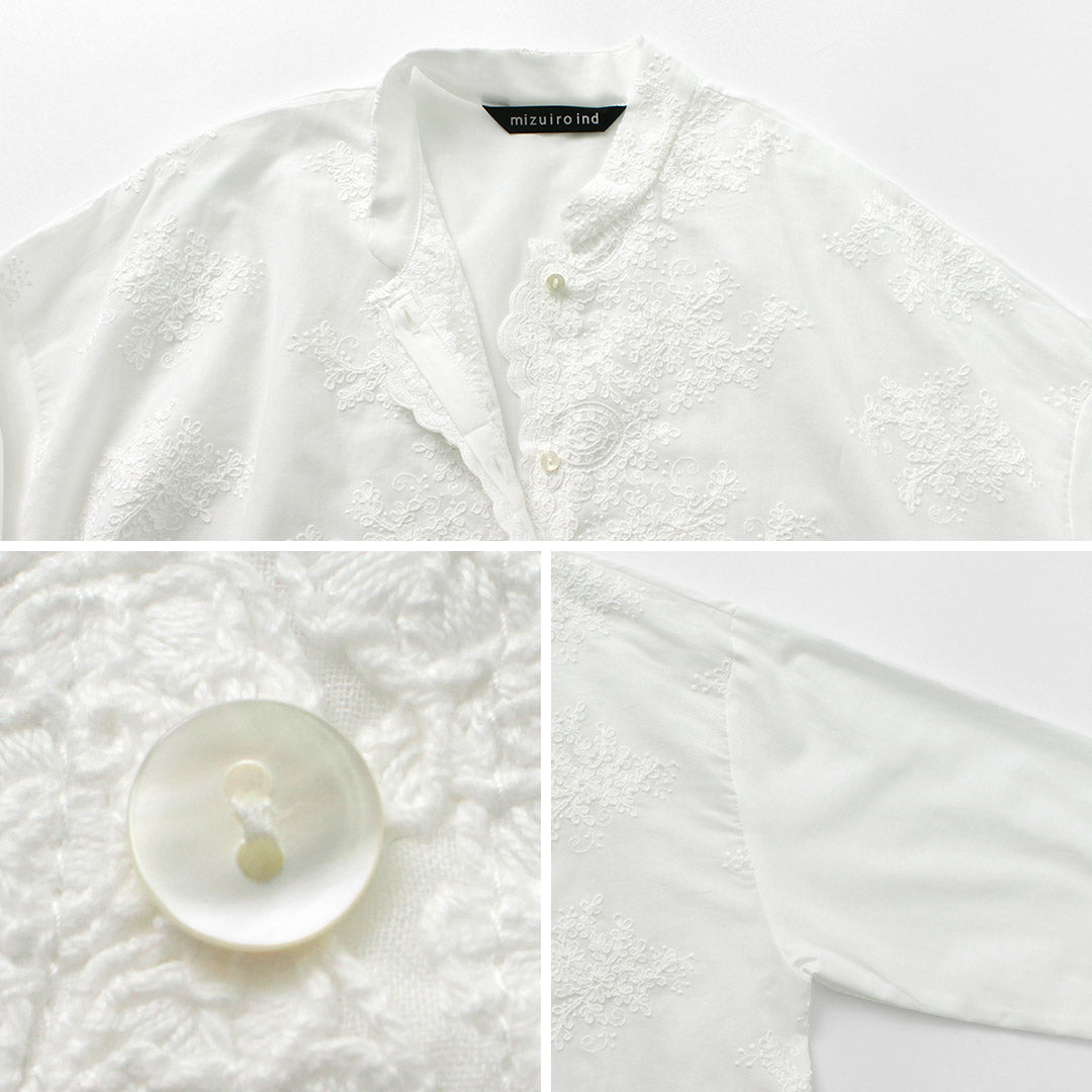 mizuiro ind（ミズイロインド） レース スタンドカラー ワイドシャツ / ブラウス ドロップショルダー ショート丈 透け感 シアー 綿 コットン Lace Stand Collar Wide Shirt