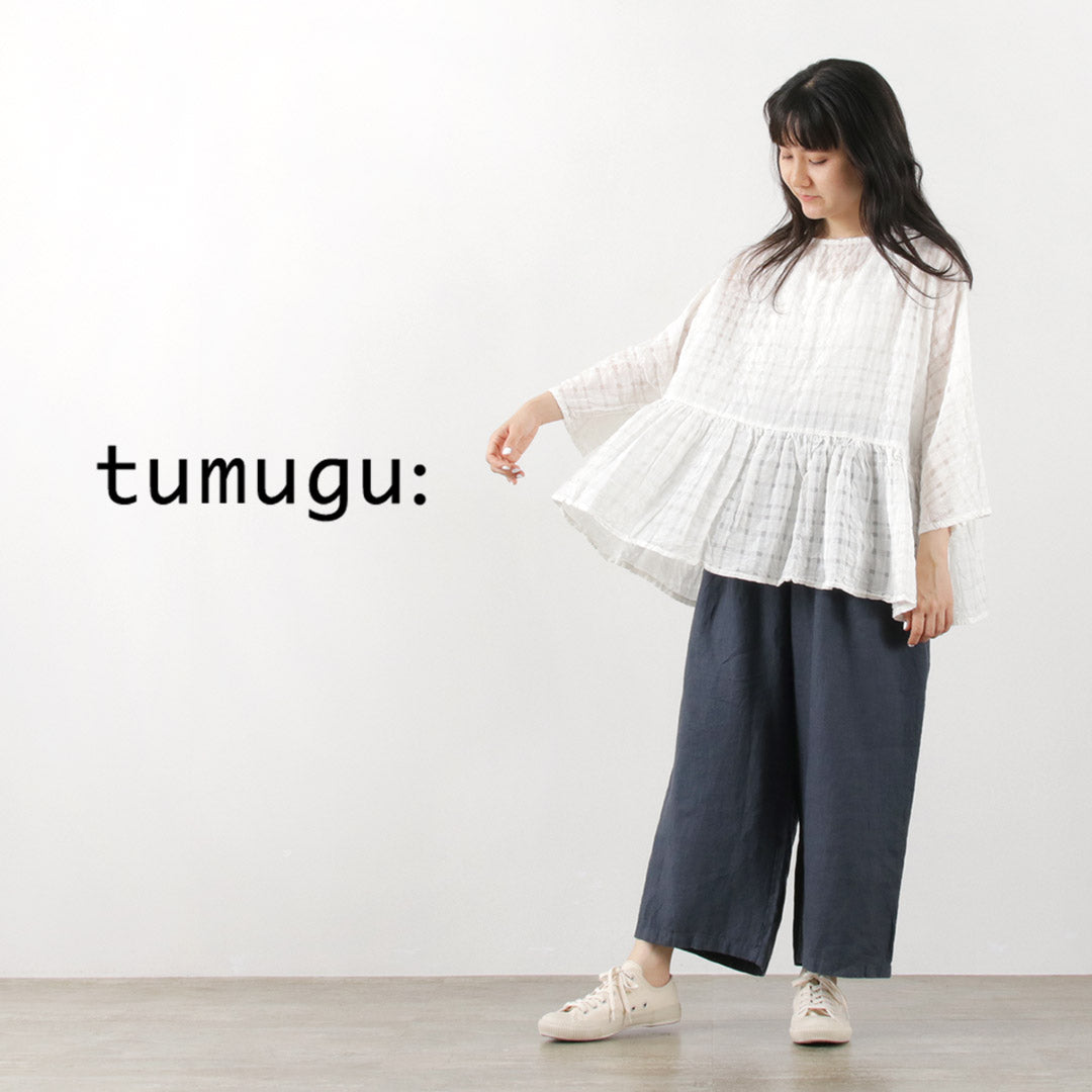 【30％OFF】TUMUGU（ツムグ） コットンシルク キュプラチェック プルオーバー / レディース Tシャツ 七分袖 柄 チェック 綿 日本製 COTTON SILK CUPRA CHECK PULLOVER【セール】