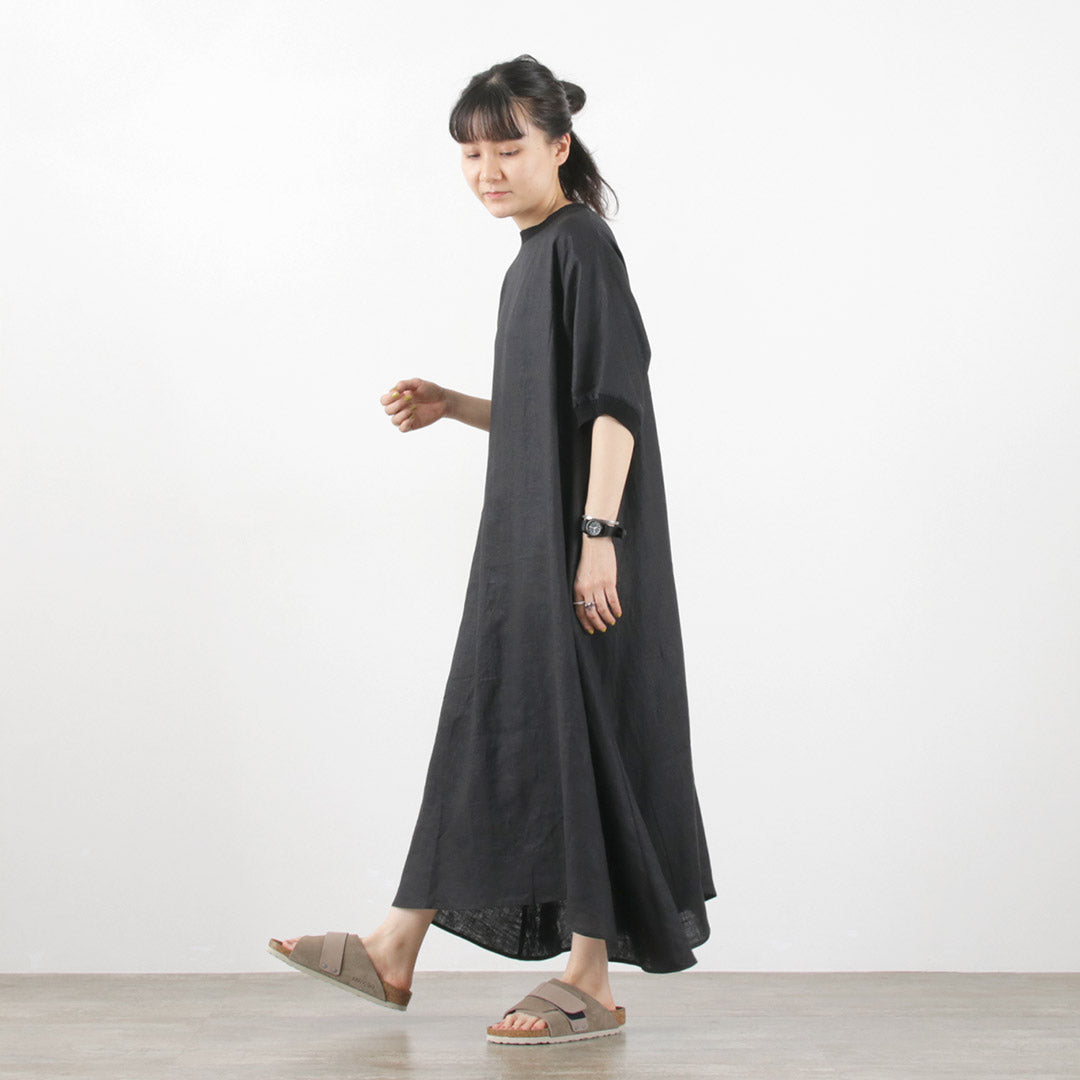 【30％OFF】MAO MADE（マオメイド） リネン 布帛 リブ付 ロングワンピース / 半袖 ロング ヘムライン 麻 Rinen Fabric Rib long onepiece【セール】