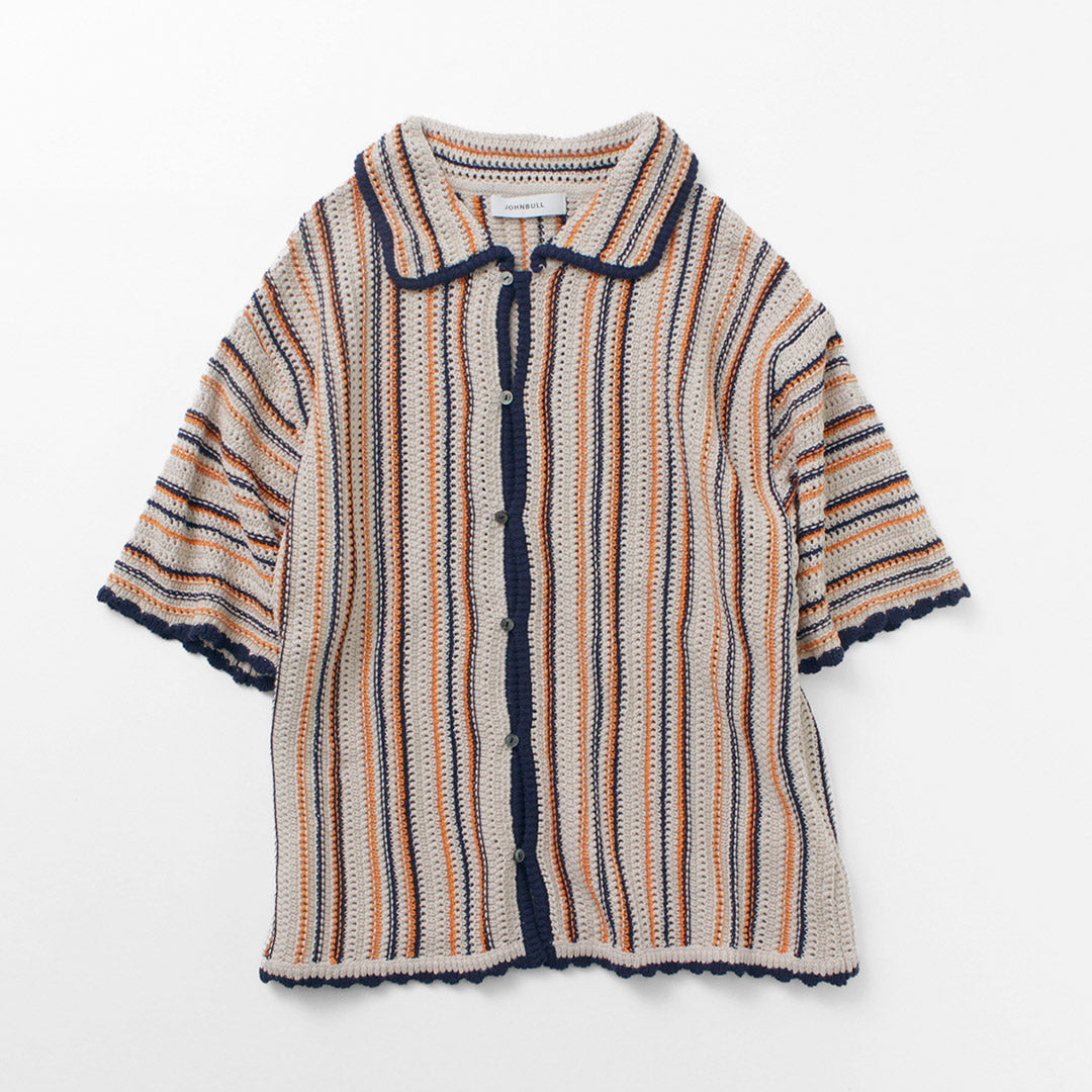 JOHNBULL（ジョンブル） すかしストライプニットポロカーデ / レディース トップス 半袖 かぎ編み 綿 コットン サマーニット STRIPE KNIT POLO CARDIGAN