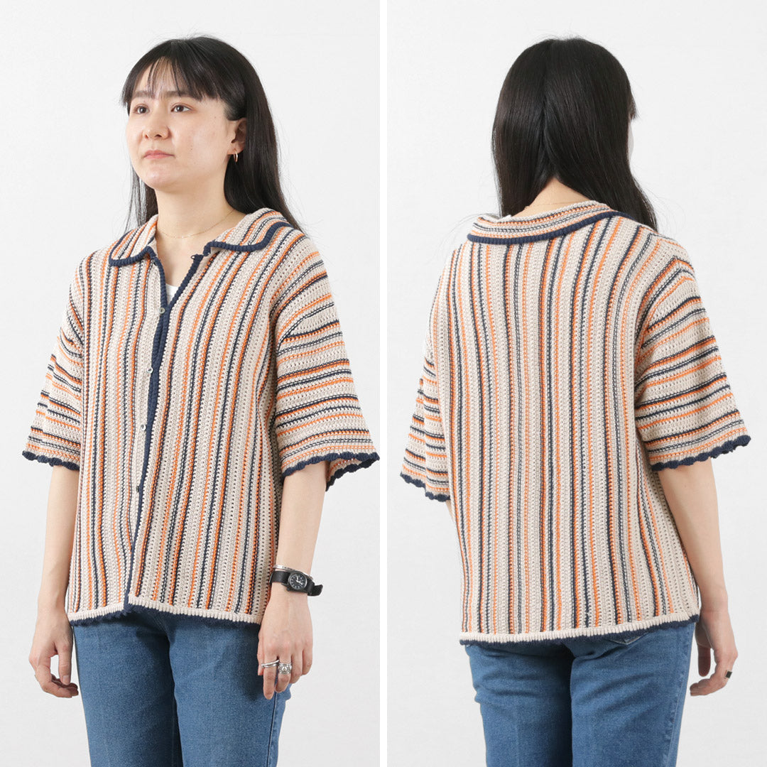 JOHNBULL（ジョンブル） すかしストライプニットポロカーデ / レディース トップス 半袖 かぎ編み 綿 コットン サマーニット STRIPE KNIT POLO CARDIGAN