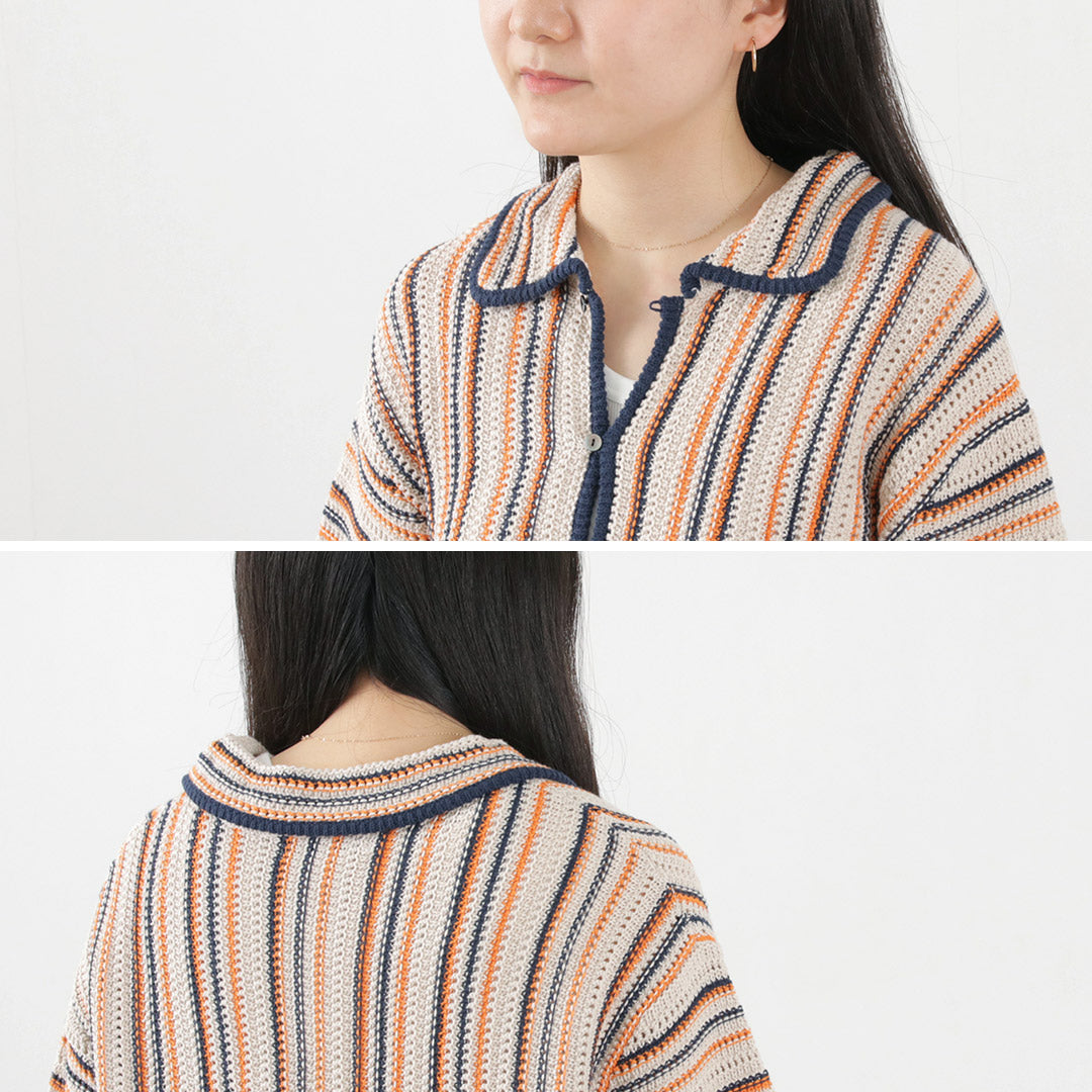 JOHNBULL（ジョンブル） すかしストライプニットポロカーデ / レディース トップス 半袖 かぎ編み 綿 コットン サマーニット STRIPE KNIT POLO CARDIGAN