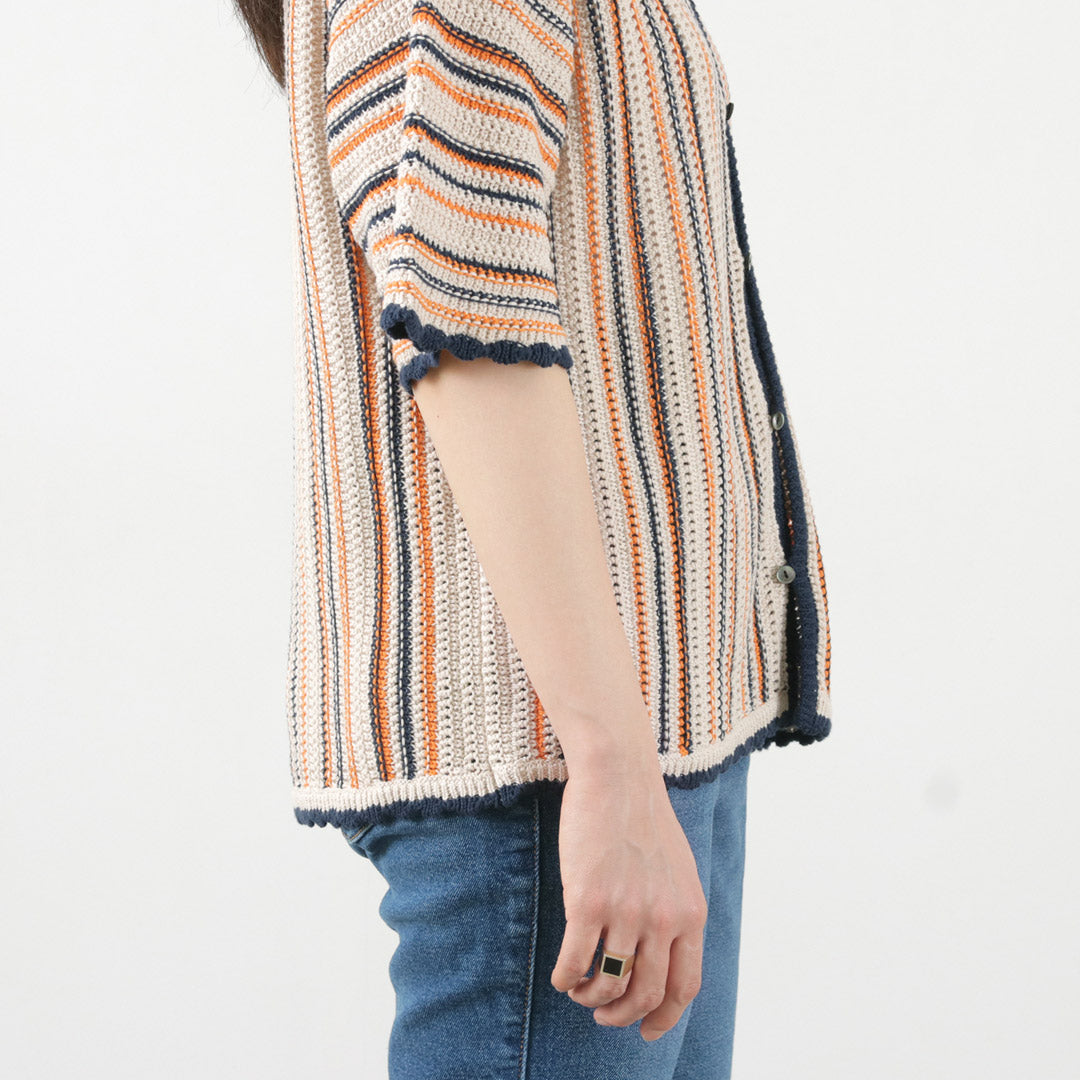 JOHNBULL（ジョンブル） すかしストライプニットポロカーデ / レディース トップス 半袖 かぎ編み 綿 コットン サマーニット STRIPE KNIT POLO CARDIGAN