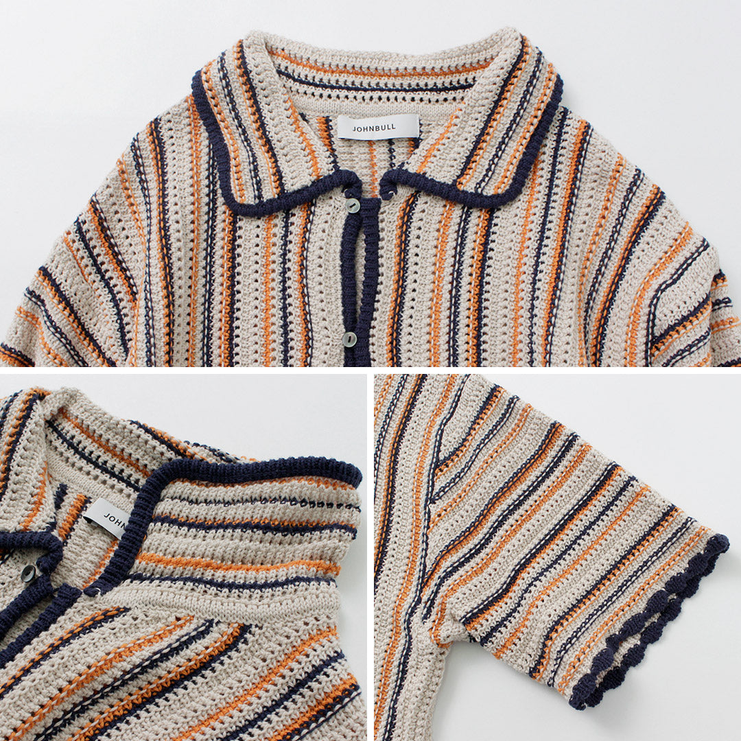 JOHNBULL（ジョンブル） すかしストライプニットポロカーデ / レディース トップス 半袖 かぎ編み 綿 コットン サマーニット STRIPE KNIT POLO CARDIGAN