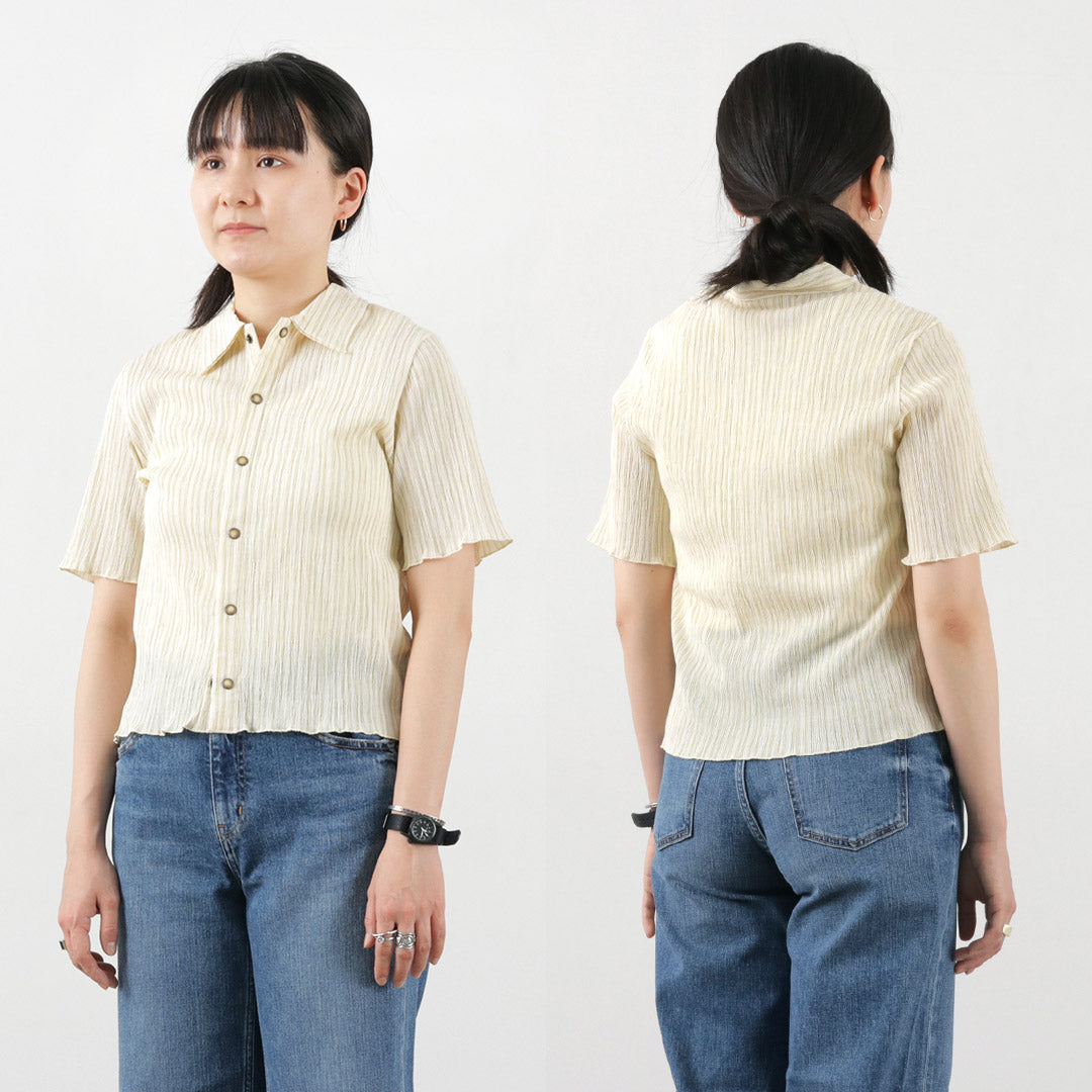 JOHNBULL（ジョンブル） ニットクレープショートシャツ / レディース トップス カットソー 半袖 ストライプ 綿 コットン 日本製 KNIT SHORT SHIRTS