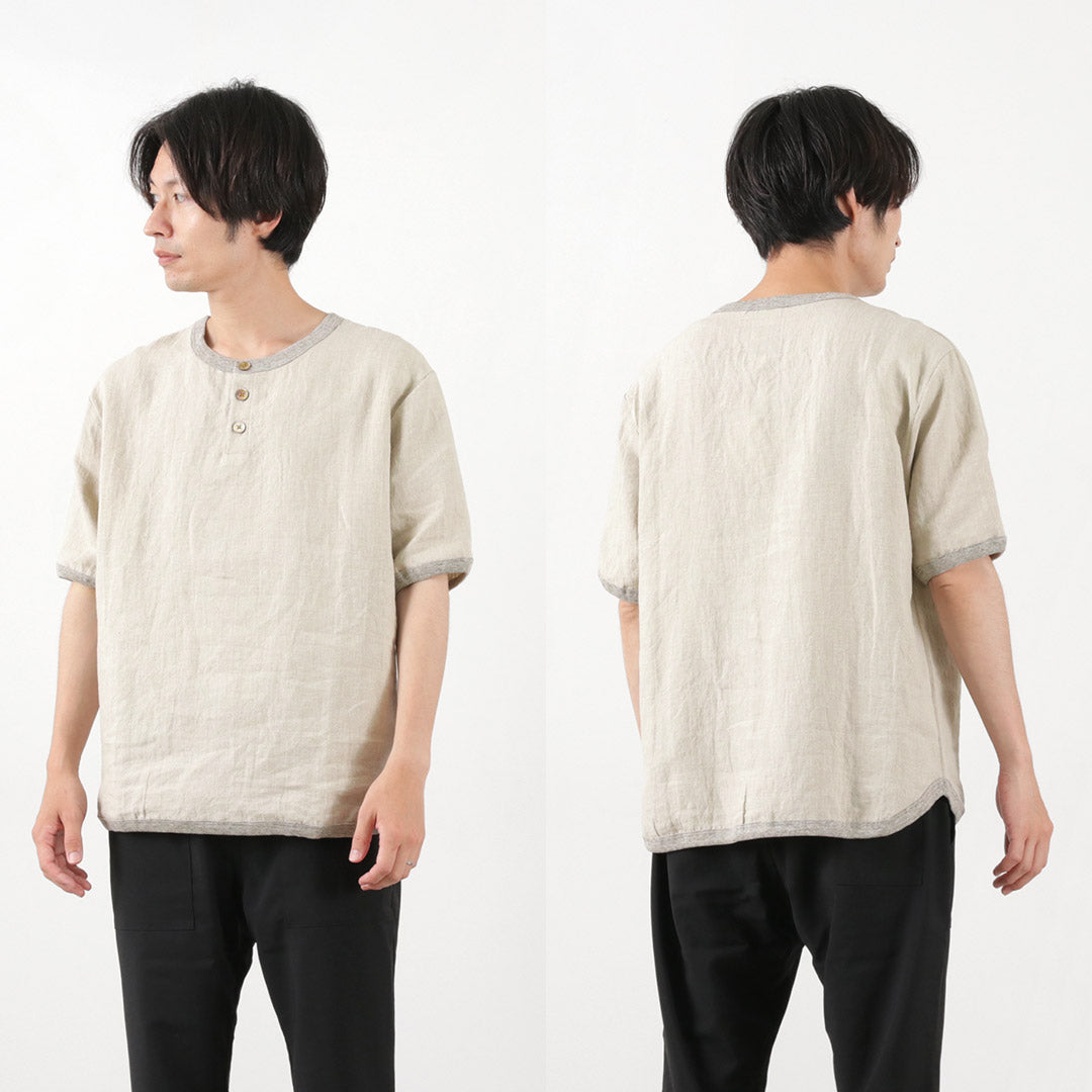 RE MADE IN TOKYO JAPAN（アールイー） フレンチリネン ヘンリーネック Tシャツ / メンズ トップス 半袖 5分袖 吸水 速乾 麻 French Linen Henley Neck