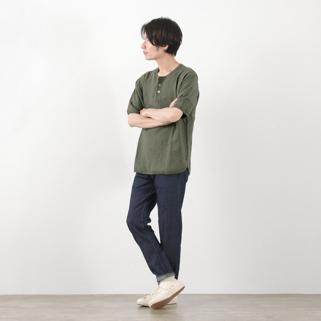 RE MADE IN TOKYO JAPAN（アールイー） フレンチリネン ヘンリーネック Tシャツ / メンズ トップス 半袖 5分袖 吸水 速乾 麻 French Linen Henley Neck