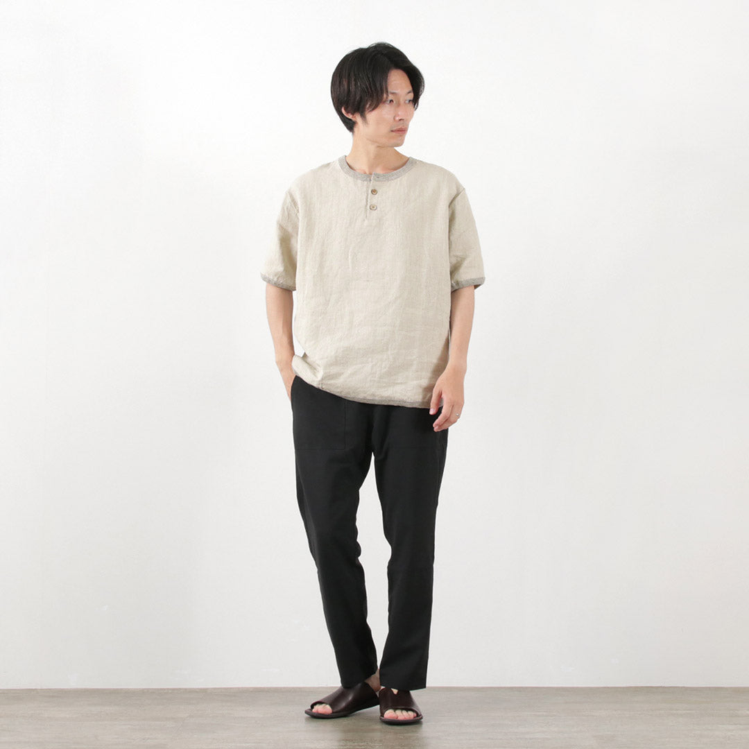 RE MADE IN TOKYO JAPAN（アールイー） フレンチリネン ヘンリーネック Tシャツ / メンズ トップス 半袖 5分袖 吸水 速乾 麻 French Linen Henley Neck